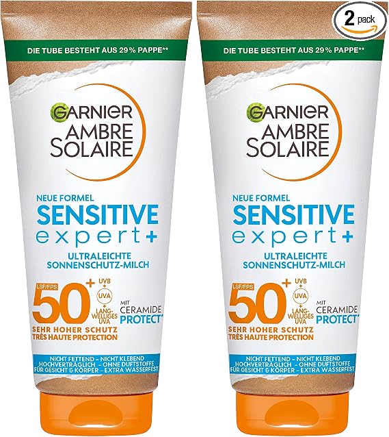 Loción solar Garnier Ambre Solaire Sensitive Expert+ SPF 50+, protector solar muy ligero y sin residuos para pieles claras y sensibles, 1 x 175 ml (paquete de 2)