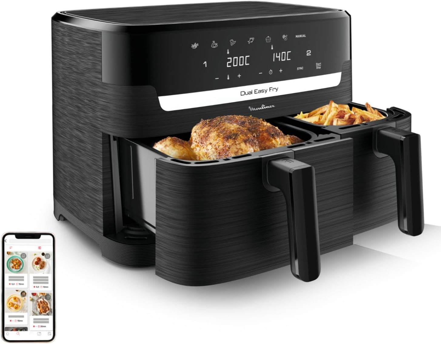 Moulinex XXL Dual Easy Fry 11 L: Freidora de aire de doble cesta para más de 8 personas, dos cestas (6,5 L + 4,5 L), 7 programas automáticos, EZ9428F0